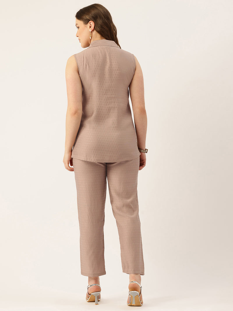 Beige Women's Embroidered Co-ord Set - Viscose Fabric Sleeveless Shirt and Pant