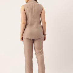 Beige Women's Embroidered Co-ord Set - Viscose Fabric Sleeveless Shirt and Pant