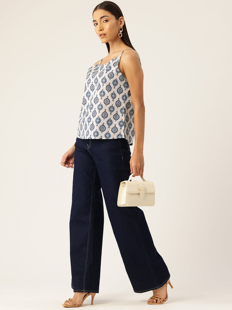 Relaxed fit strappy sleeveless top digitally printed on linen fabric.  | Size- Small  |  Colour - White, Blue