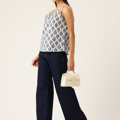 Relaxed fit strappy sleeveless top digitally printed on linen fabric.  | Size- Small  |  Colour - White, Blue