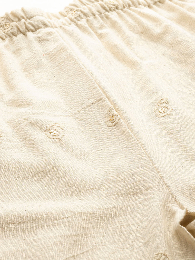 Beige Beige Palazzo|Embroidered, Flax Cotton, Sequin Detail, Ankle-Length, Single Pocket