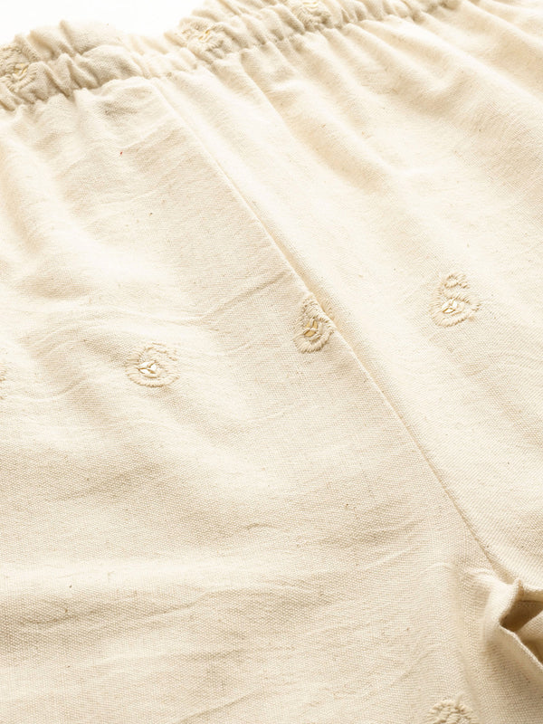 Beige Beige Palazzo|Embroidered, Flax Cotton, Sequin Detail, Ankle-Length, Single Pocket