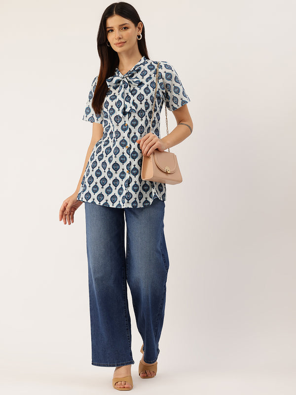 Elegant Bow Collar Cotton Shirt for Women - Stylish & Comfortable