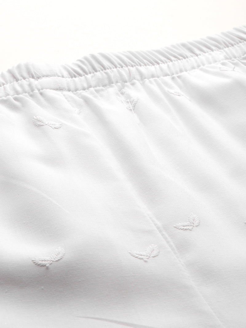 White Embroidered Palazzos–Fully Lined, Elastic Waist & Ankle-Length with Side Pocket