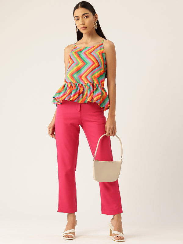 Cropped Sleeveless strap Peplum top with digital print on linen fabric.| Size- Small| Colour - Yellow, Orange, Red, Blue, Green