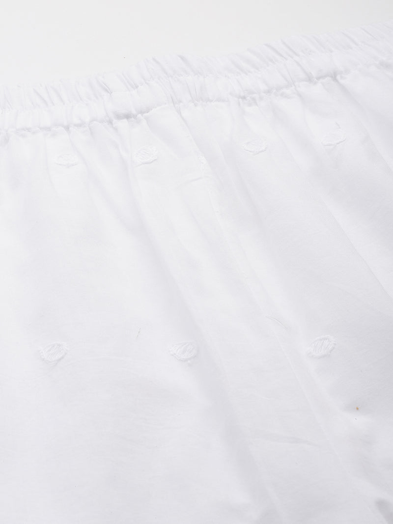 White White Embroidered Cotton Palazzos–Elastic Waist & Ankle-Length with Side Pocket