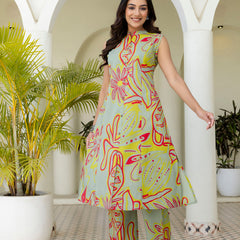 Luxury Mandarin Collar Printed Co-Ord Set with Button Detail A-Line Kurta & Comfort Fit Pants