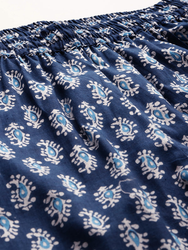 Blue Women Pure Cotton Paisley Printed Palazzo Pants | Elastic Waist | Wide Leg