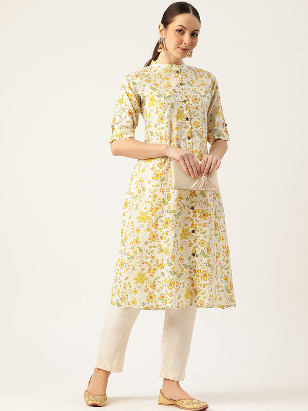 Elegant A-Line Long Kurta for Women - Mandarin Collar with Button Detailing