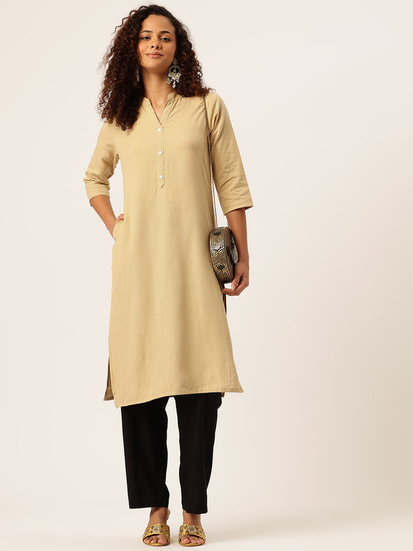 Women’s Solid Long Kurti with Mandarin Collar, 3/4 Sleeves & Pocket | Plain Elegant Cotton Kurta for Daily & Office Wear