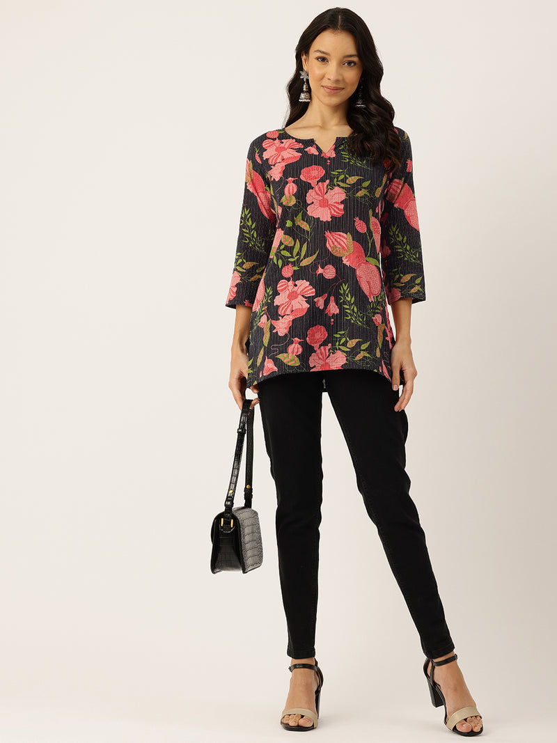3/4 Sleeve Round Neck Vcut top Black2 Colour