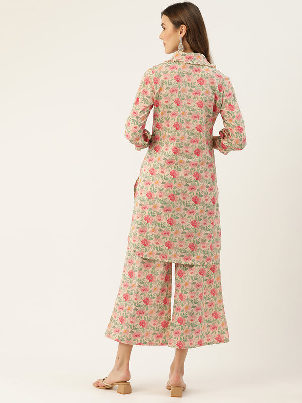 White Elegant Collared Co-Ord Set with Frill Detail & Elasticated Pants