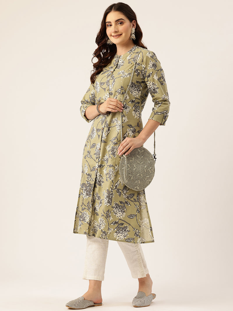 Elegant A-Line Long Kurta for Women - Mandarin Collar with Button Detailing