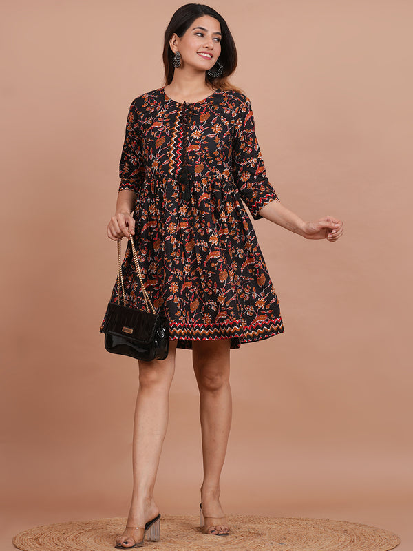 Floral Cotton Flared Dress (S–XXL | 3/4 Sleeves) – Breezy Comfort with Feminine Flow