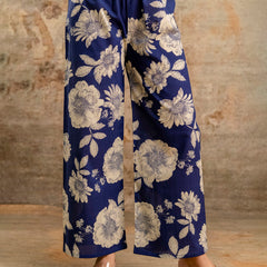 Blue Women’s Co-Ord Set–Printed Collared Kurta with 3/4 Sleeves & Elastic Waist Pants