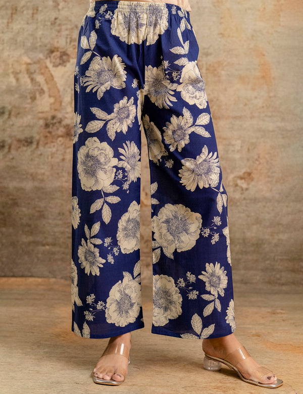 Blue Women’s Co-Ord Set–Printed Collared Kurta with 3/4 Sleeves & Elastic Waist Pants