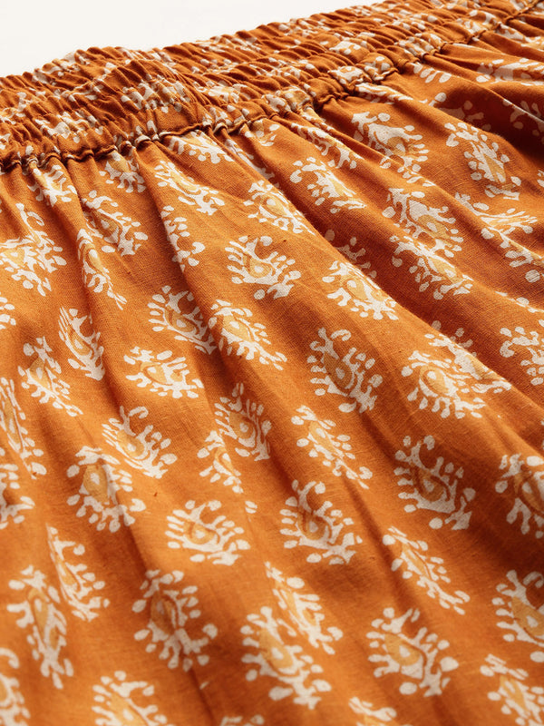 Gold Women Pure Cotton Paisley Printed Palazzo Pants | Elastic Waist | Wide Leg