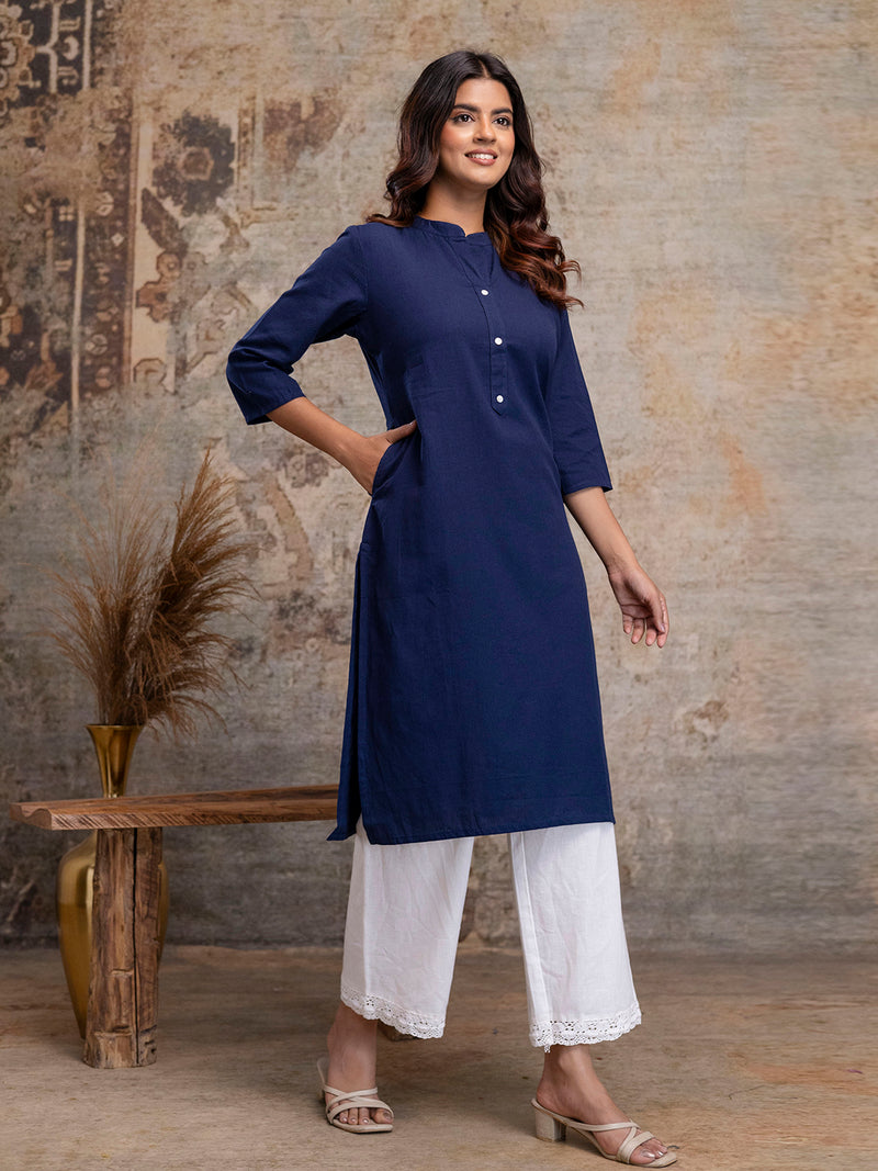 Women’s Solid Long Kurti with Mandarin Collar, 3/4 Sleeves & Pocket | Plain Elegant Cotton Kurta for Daily & Office Wear