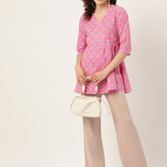 Floral Print Angrakha 3\4 Sleeves Flared Kurti