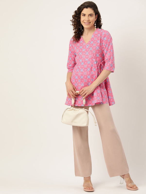 Floral Print Angrakha 3\4 Sleeves Flared Kurti