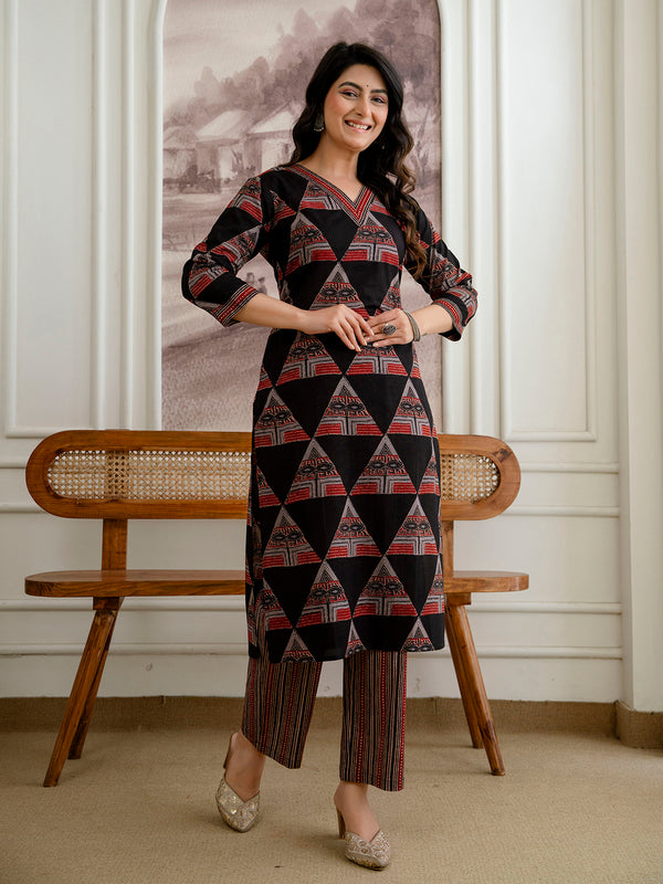 Bordered V-Neck 3-Piece Kurta Set with Ankle-Length Pants & Full-Length Dupatta (M–XXL)