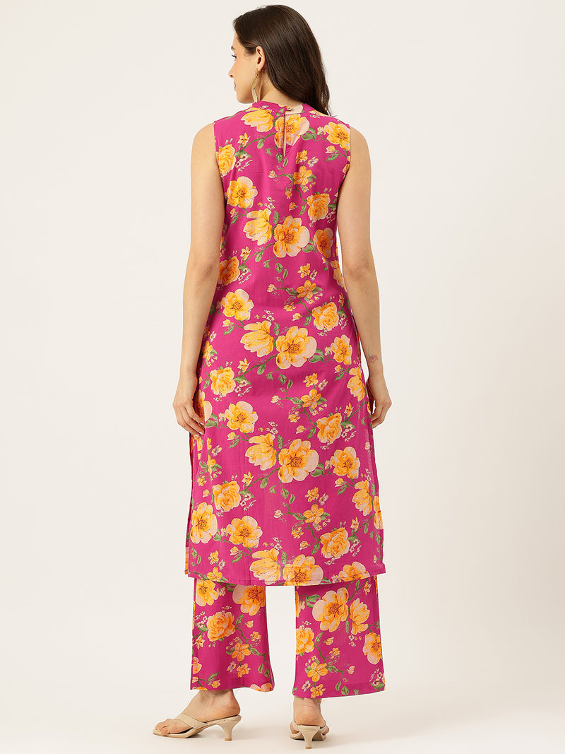 Floral Sleeveless Cotton Co-Ord Set with Choker Neckline – Pure Cotton | Sizes S–XXL