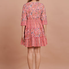 Floral Cotton Flared Dress (S–XXL | 3/4 Sleeves) – Breezy Comfort with Feminine Flow