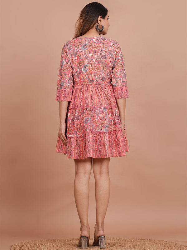 Floral Cotton Flared Dress (S–XXL | 3/4 Sleeves) – Breezy Comfort with Feminine Flow