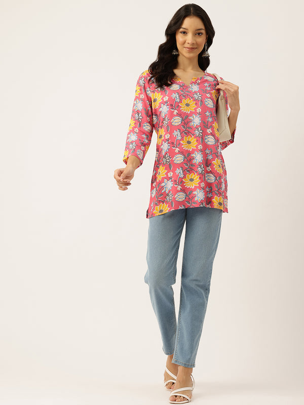 3/4 Sleeve Round Neck Vcut top Pink1 Colour