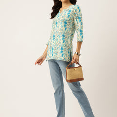 3/4 Sleeve Round Neck Vcut top Off-White Colour