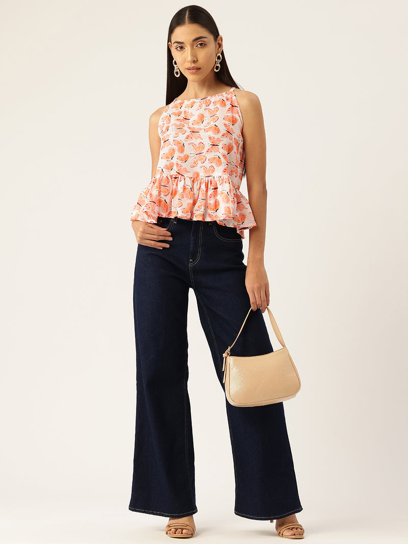 Cropped Sleeveless strap Peplum top with digital print on linen fabric.| Size- Small| Colour - White, Peach