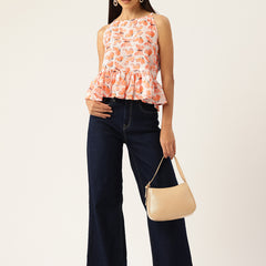 Cropped Sleeveless strap Peplum top with digital print on linen fabric.| Size- Small| Colour - White, Peach