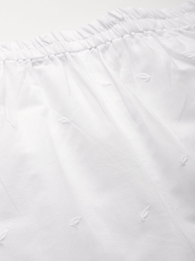 White White Embroidered Cotton Palazzos–Elastic Waist & Ankle-Length with Side Pocket