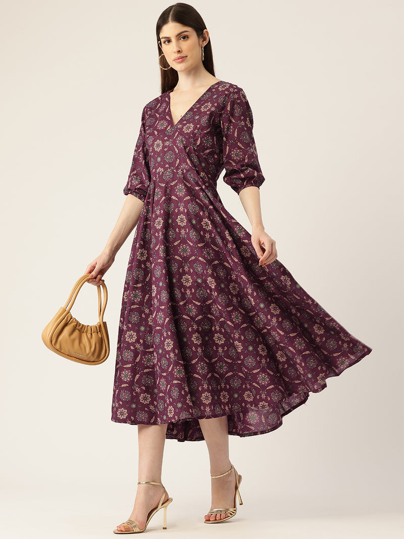 Women's Pure Cotton Floral Printed A-Line Gown with 3/4 Puff Sleeves & V-Neck