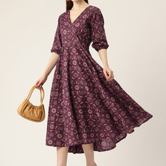 Women's Pure Cotton Floral Printed A-Line Gown with 3/4 Puff Sleeves & V-Neck