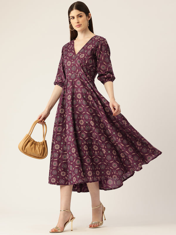 Women's Pure Cotton Floral Printed A-Line Gown with 3/4 Puff Sleeves & V-Neck