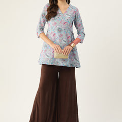 Floral Print Angrakha 3\4 Sleeves Flared Kurti