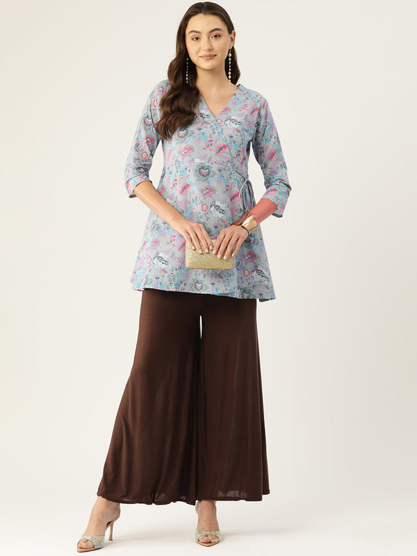 Floral Print Angrakha 3\4 Sleeves Flared Kurti