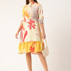 Women’s Multi-Color Muslin Floral Dress with Mandarin Collar & 3/4 Smocked Sleeves