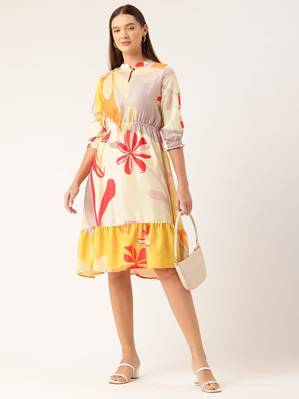 Women’s Multi-Color Muslin Floral Dress with Mandarin Collar & 3/4 Smocked Sleeves