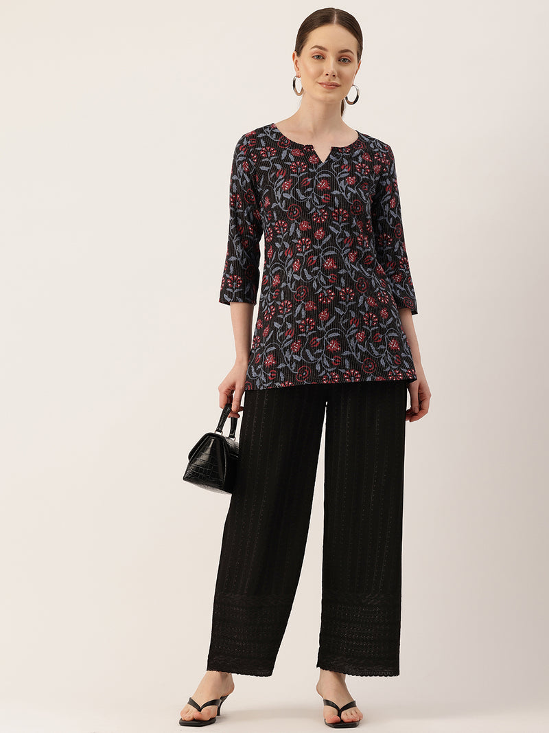 3/4 Sleeve Round Neck Vcut top Black1 Colour
