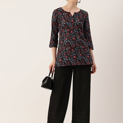 3/4 Sleeve Round Neck Vcut top Black1 Colour