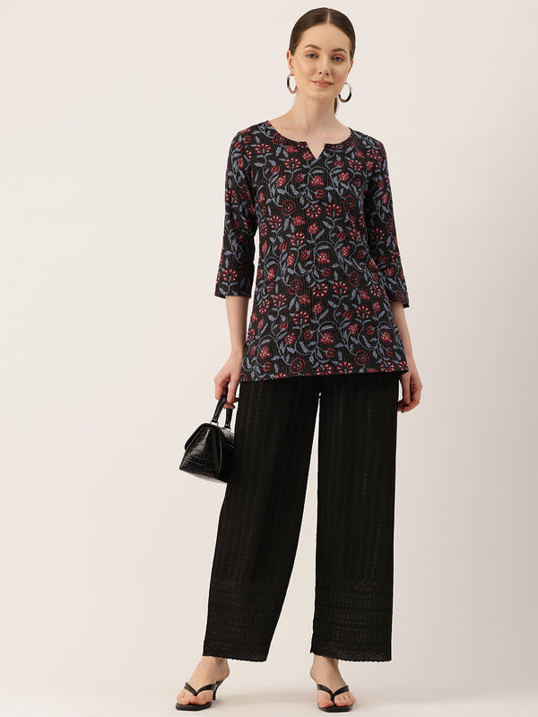 3/4 Sleeve Round Neck Vcut top Black1 Colour