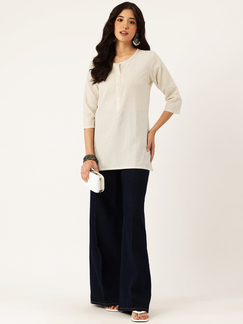 Elegant Short Kurti for Women –Button Detailing & 3/4 Sleeves | Round Neck |