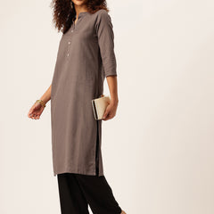 Women’s Solid Long Kurti with Mandarin Collar, 3/4 Sleeves & Pocket | Plain Elegant Cotton Kurta for Daily & Office Wear