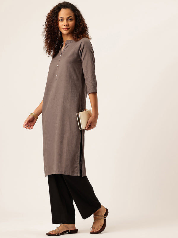 Women’s Solid Long Kurti with Mandarin Collar, 3/4 Sleeves & Pocket | Plain Elegant Cotton Kurta for Daily & Office Wear