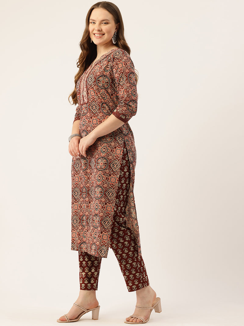 Straight Dupatta Sets - V-Neck, 3/4 Sleeves with Border Detailing, Elastic Waistband Pants with Pockets & Full-Length Dupatta (M-XXL)