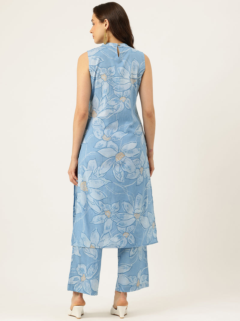 Floral Sleeveless Cotton Co-Ord Set with Choker Neckline – Pure Cotton | Sizes S–XXL