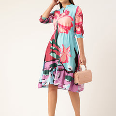 Women’s Multi-Color Muslin Floral Dress with Mandarin Collar & 3/4 Smocked Sleeves