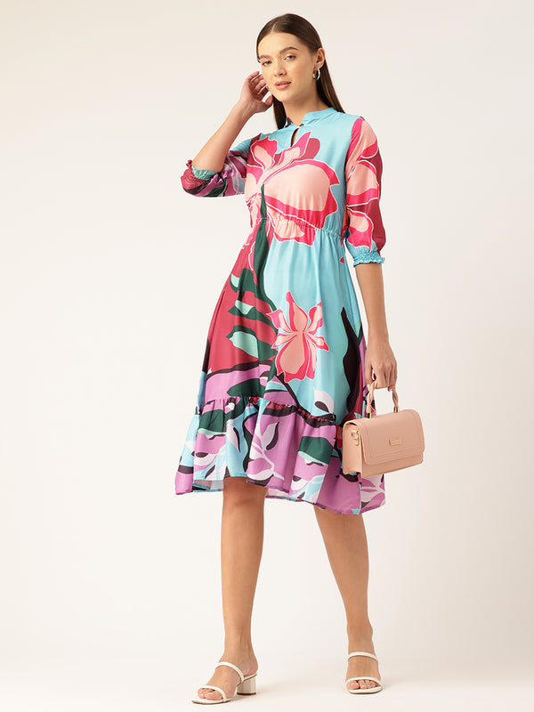 Women’s Multi-Color Muslin Floral Dress with Mandarin Collar & 3/4 Smocked Sleeves
